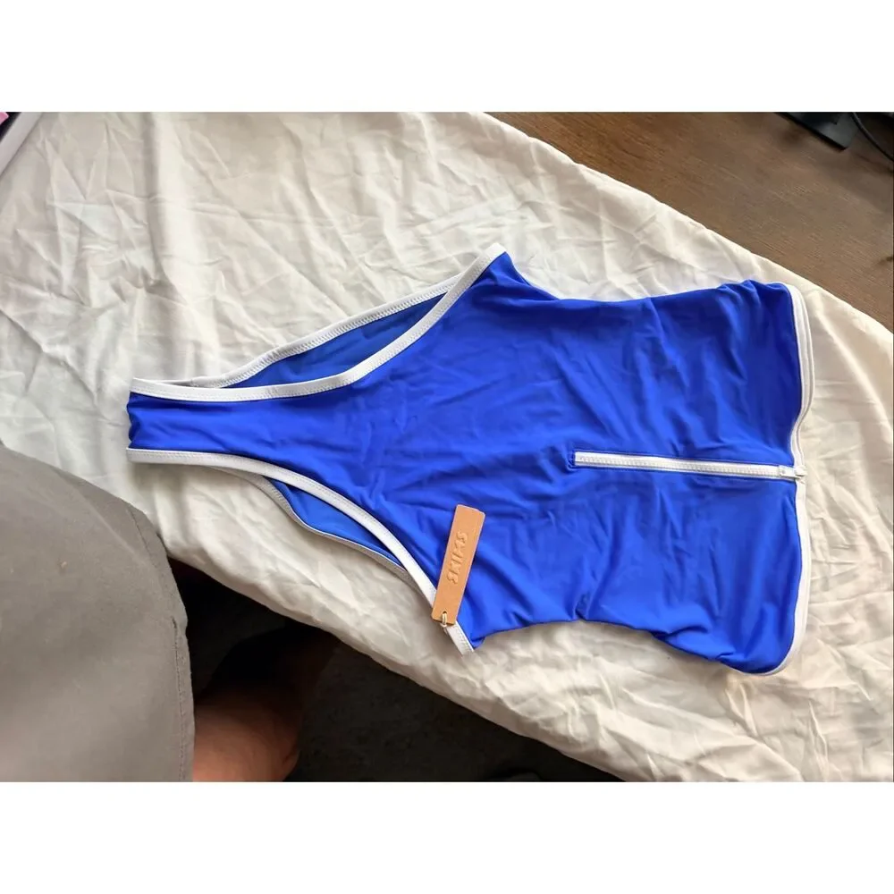 SKIMS Sporty Strapless One Piece Swimsuit Cobalt Size XS Zip Front Style OP-BRF